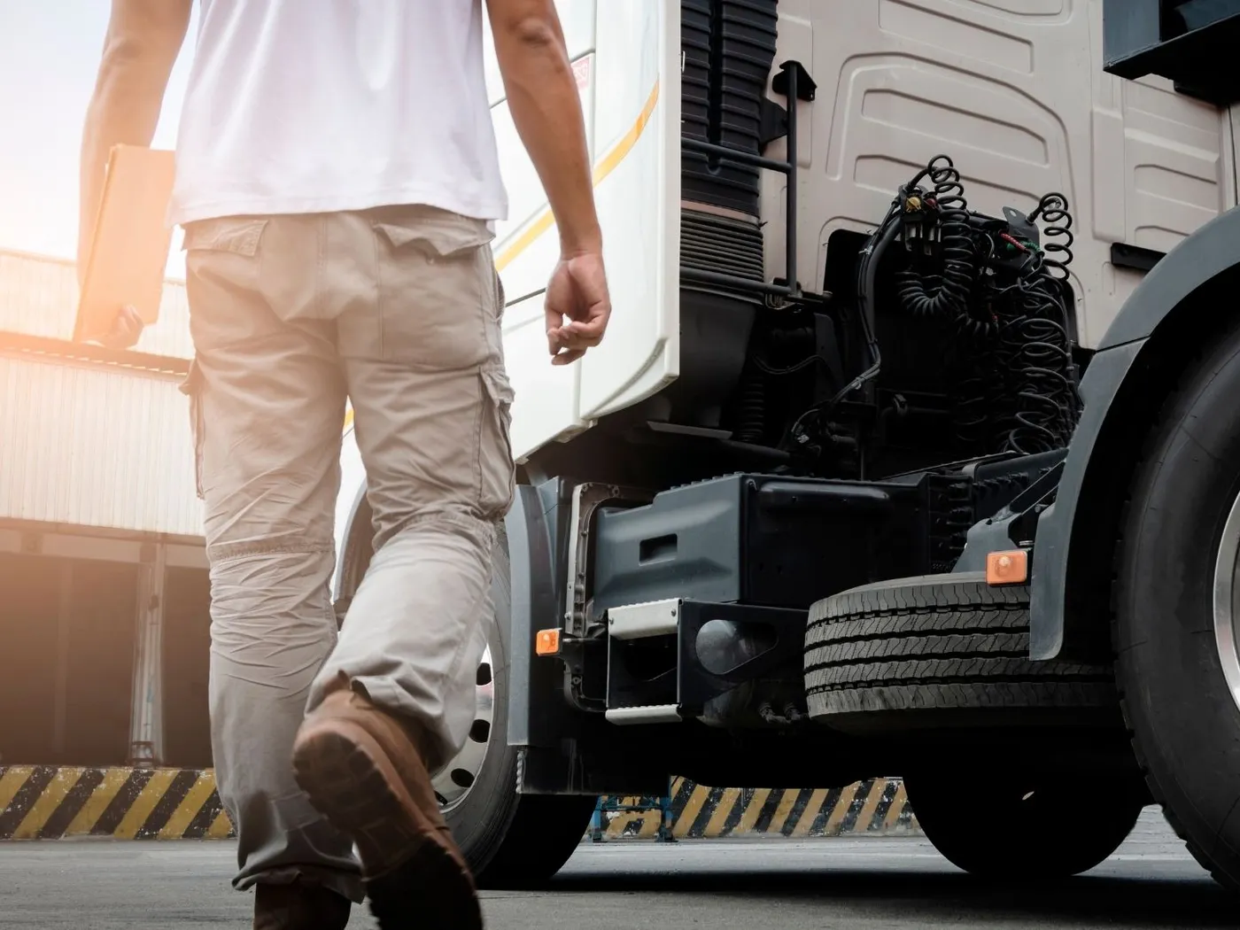 Mechanic walking toward a parked truck cab in early morning light