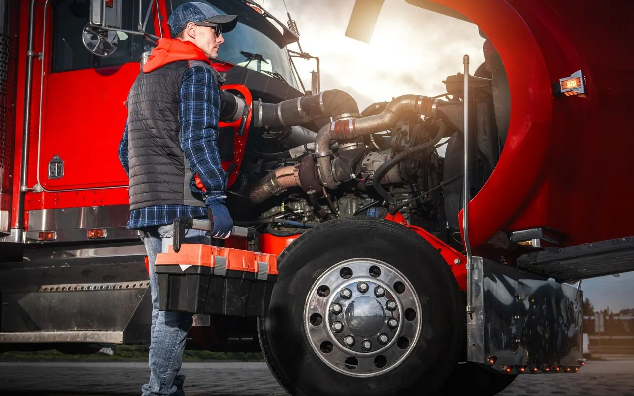 Diesel mechanic carrying tools to a semi truck with the hood raised