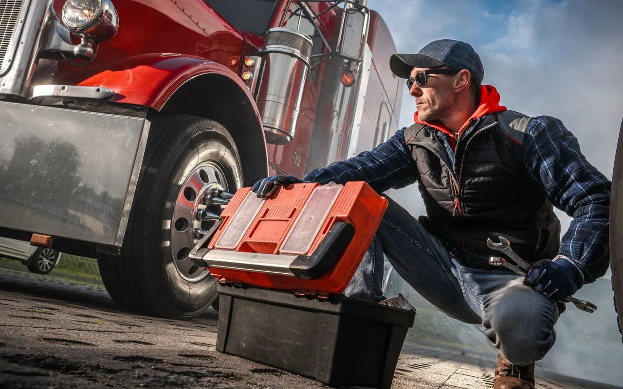 Mechanic working beside a red semi truck with a tool case open