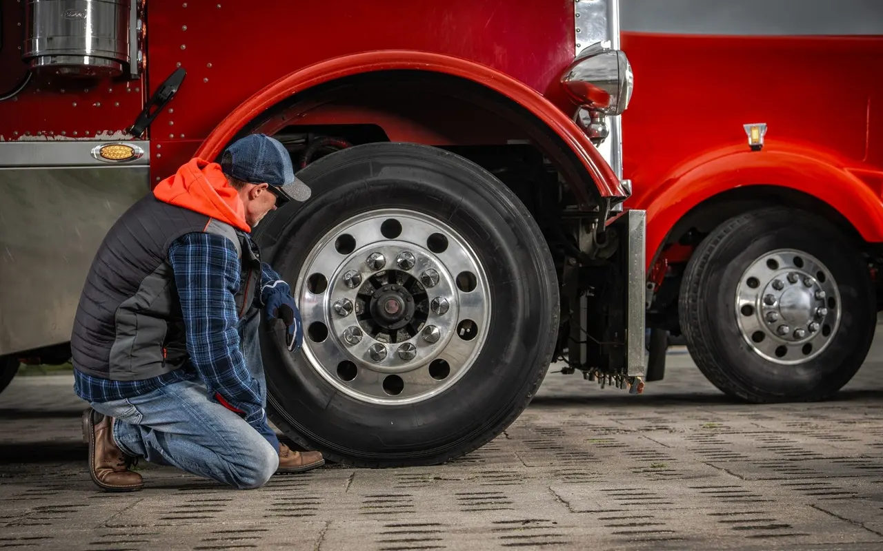 Mechanic changing a drive tire on a red semi truck