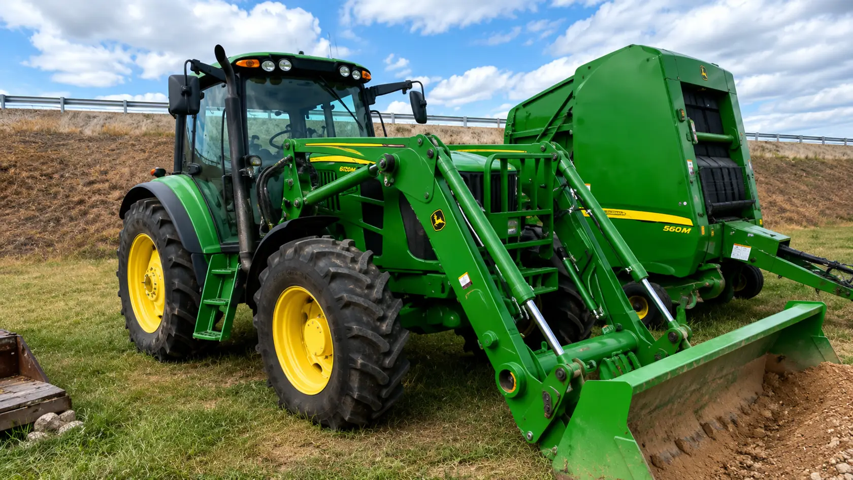 John Deere tractor with a baler working a field