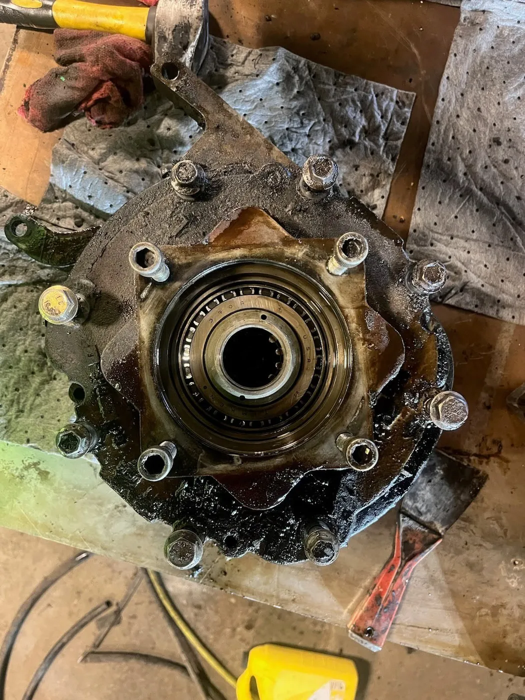 Close view of heavy duty wheel hub and bearing repair