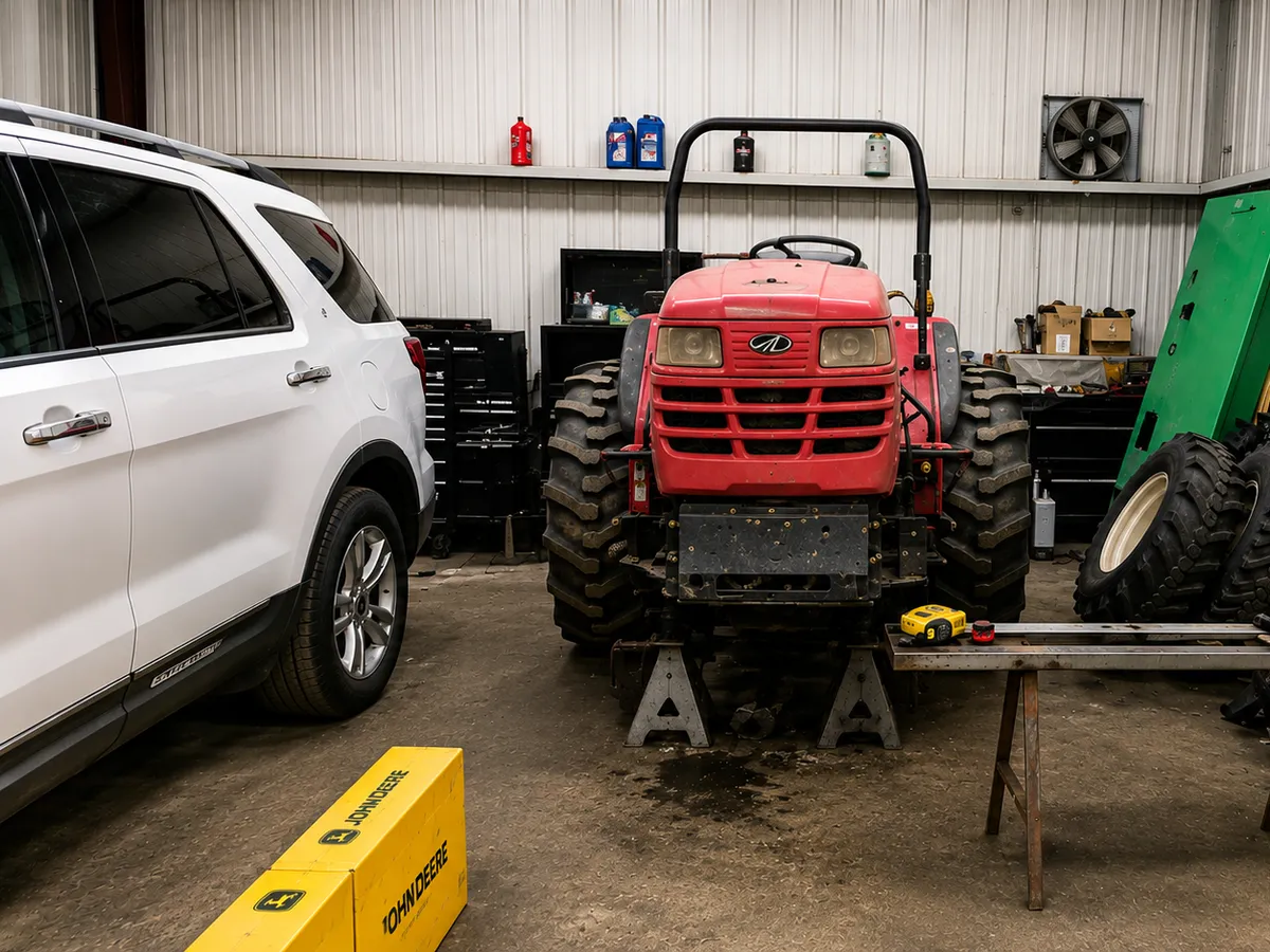 Red tractor undergoing repair in a workshop