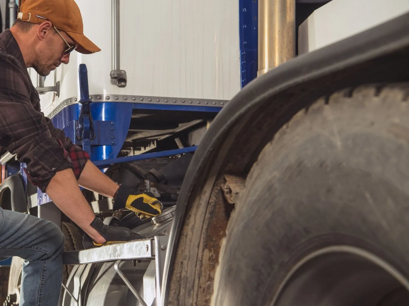 Mechanic working underneath a commercial trailer
