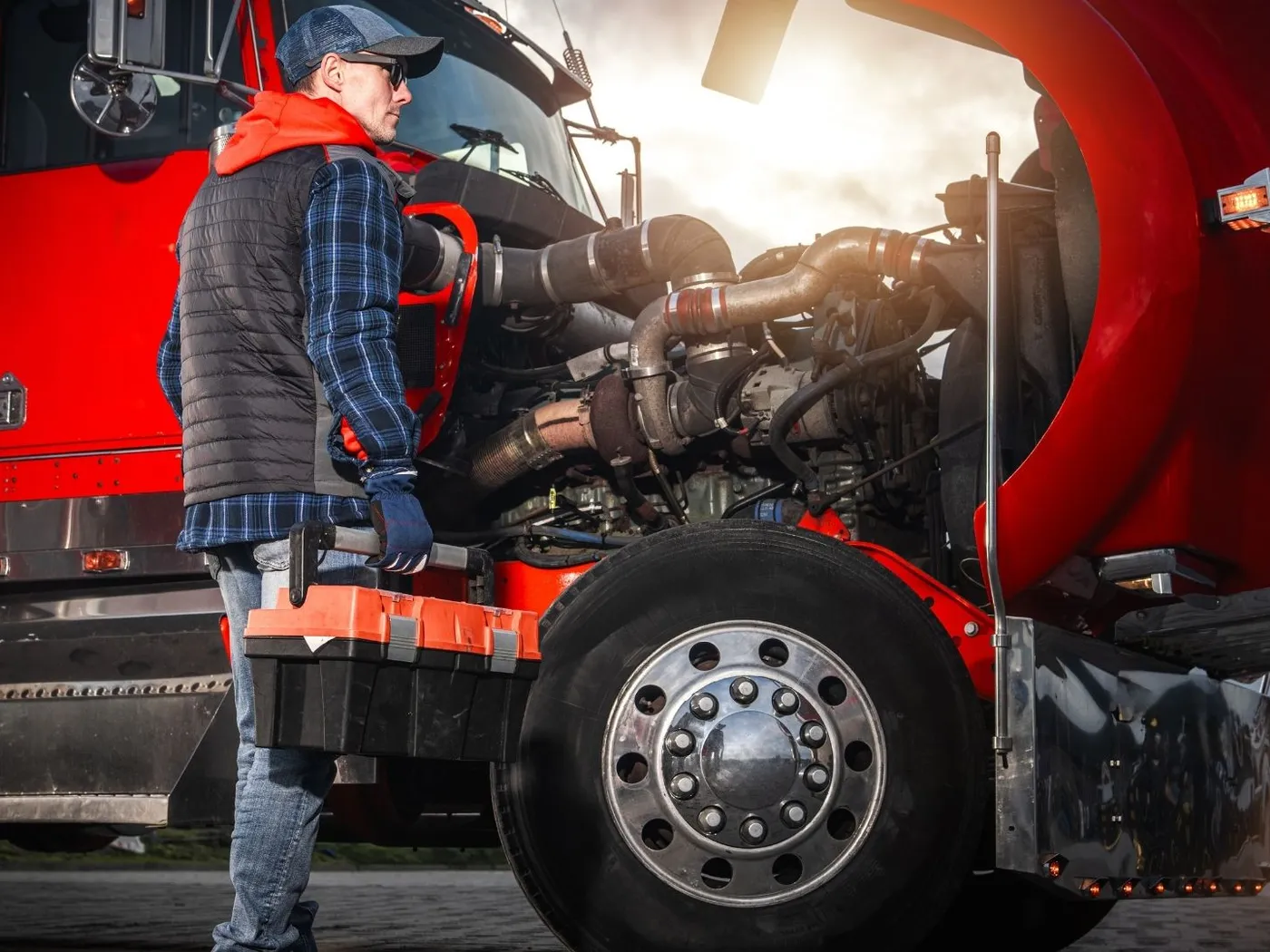 Mechanic approaching a semi truck with the engine bay open at sunrise